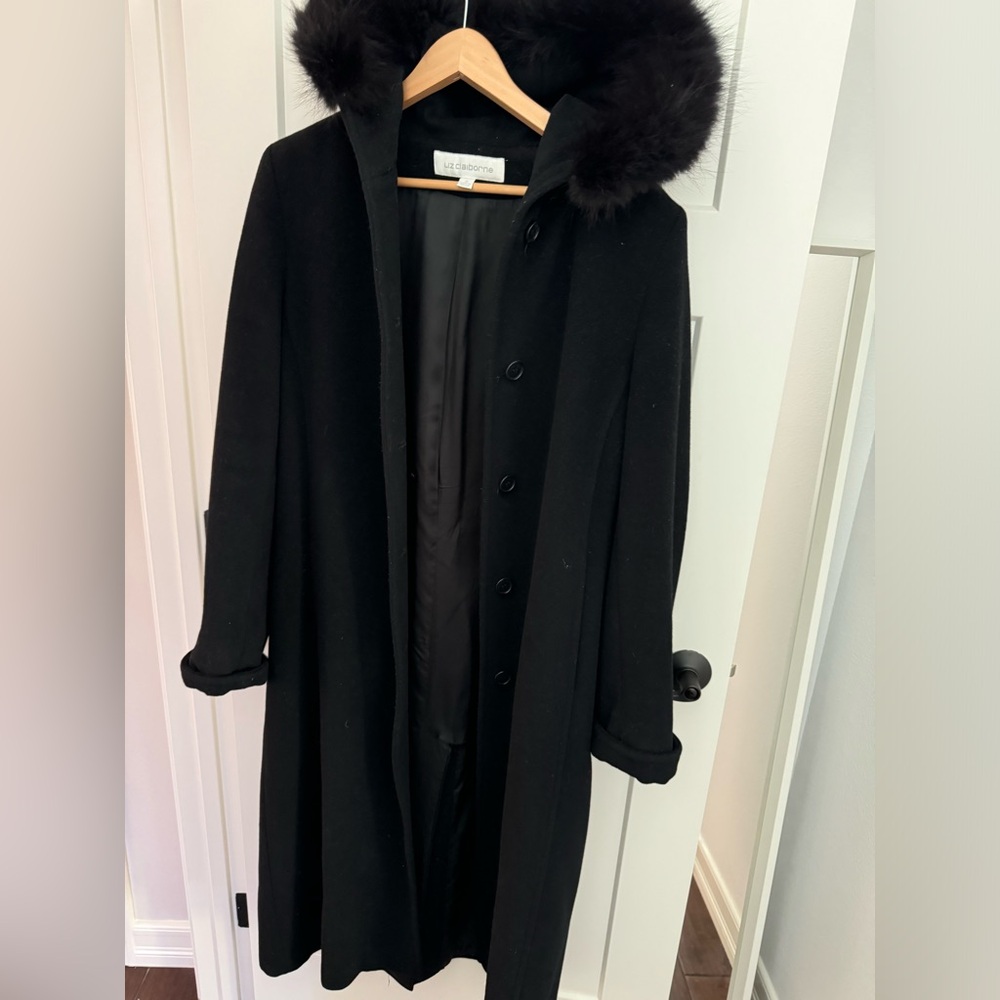 Long black winter coat with faux fur lined hood size 8